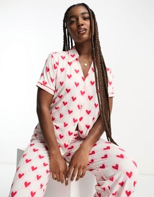 Chelsea Peers wide leg pyjama set in red chequer heart print