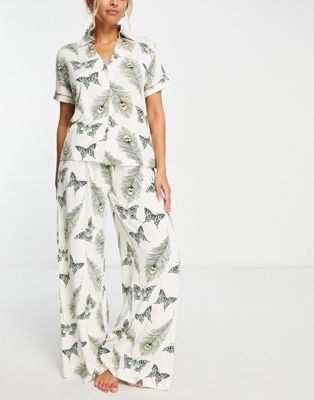 Chelsea Peers wide leg trouser pyjama set in white and blue butterfly print - ASOS Price Checker