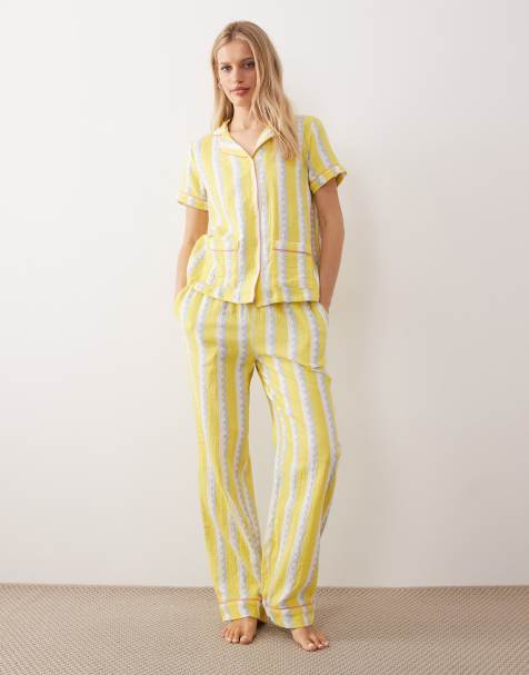 Chelsea Peers wiggle print short sleeve revere and long bottoms nightwear set in yellow stripe - view 1