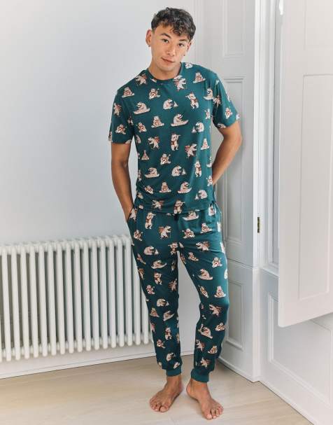 Chelsea Peers Wilderness bear print long pyjama set in blue - view 1