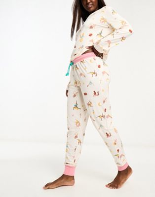 Chelsea Peers x The Wellness Project long pyjama set in cream and light pink yoga print - ASOS Price Checker