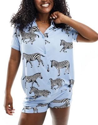 Chelsea Peers zebra print poly v-neck short pyjama set in blue