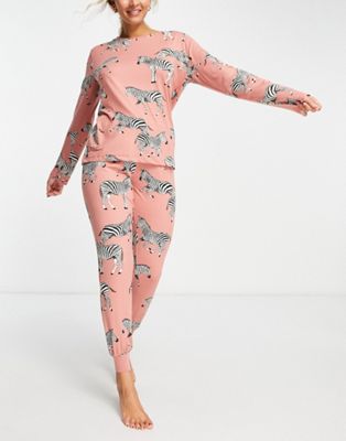 Chelsea Peers zebra print top and jogger pyjama set in pink