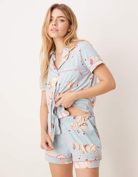 Chelsea Peers – Zebramönstrad pyjamas i polymaterial med kortärmad topp med platt krage och shorts - view 1