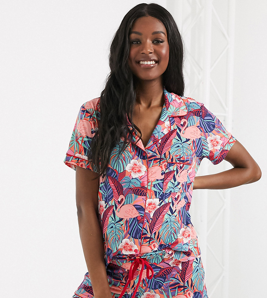 Chelsea Peers - Zwangerschapskleding - Exclusieve pyjamaset met short en tropische flamingoprint op de achterkant-Multi