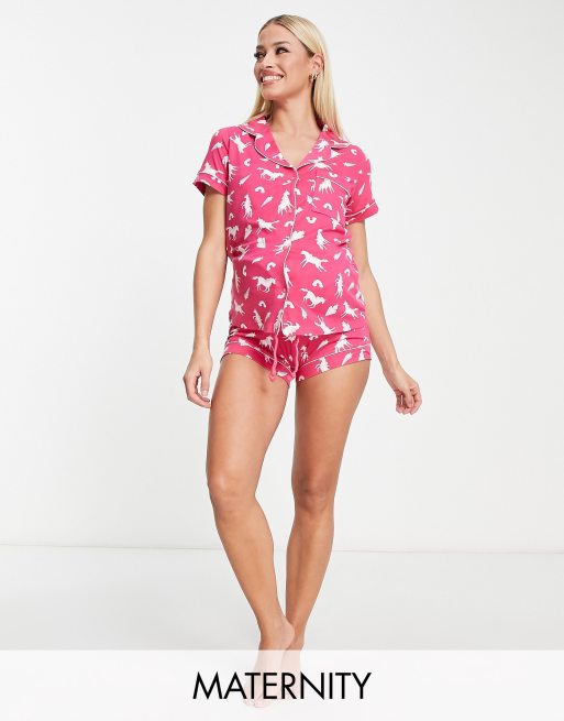 Chelsea Peers - Zwangerschapskleding - Korte pyjamaset met eenhoorn- en regenboogprint in magenta