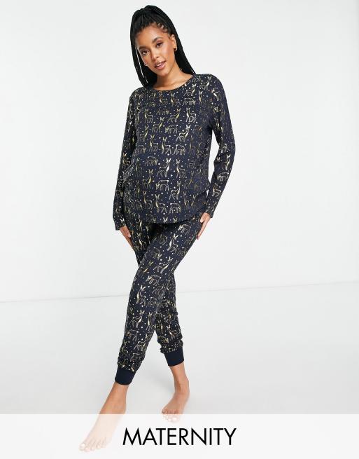 Chelsea Peers - Zwangerschapskleding - Pyjamaset met rendierprint van folie in marineblauw 