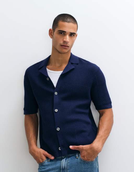 Chemise légère en maille boutonnée bleu foncé, 3 de 5