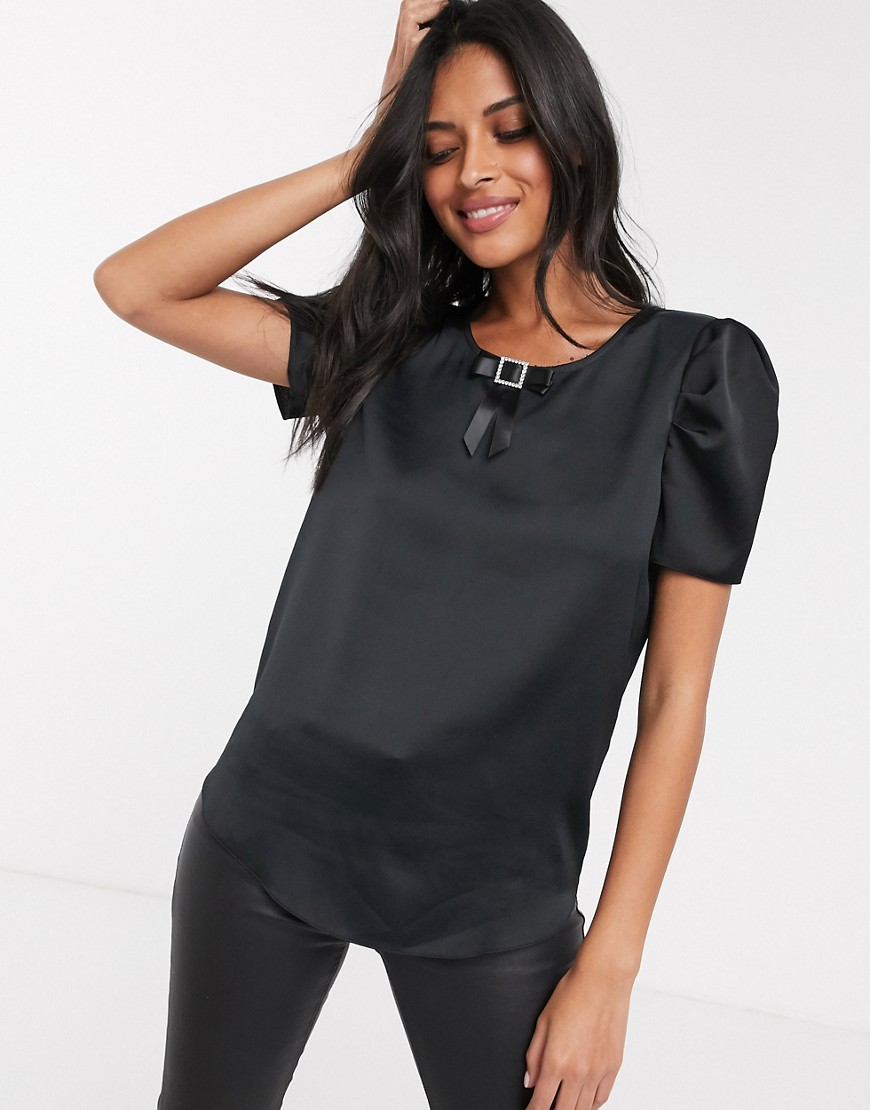 фото Черная атласная блузка с короткими рукавами и бантиком river island-черный
