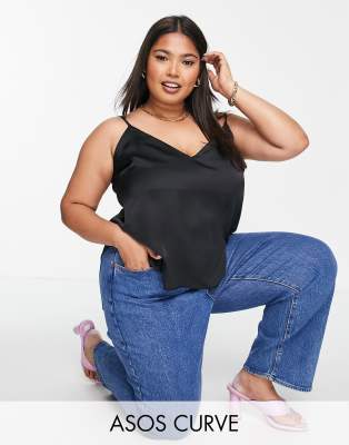 фото Черная атласная майка на бретелях с запахом сзади asos design curve-черный цвет asos curve