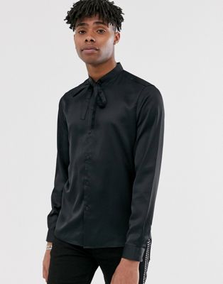 фото Черная атласная рубашка с завязкой на воротнике asos design-черный