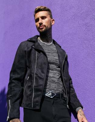 Байкерские куртки Черная байкерская куртка из искусственной замши ASOS DESIGN-Черный
