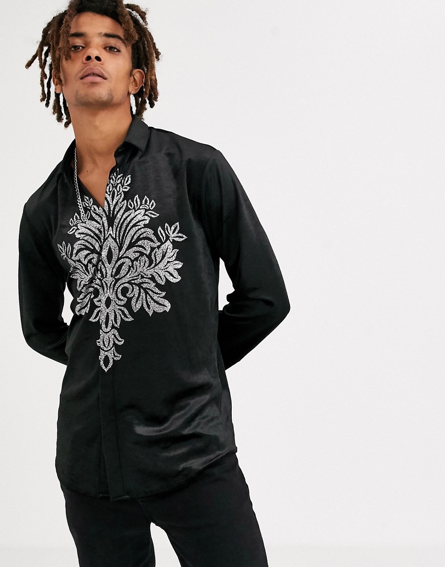 фото Черная бархатная рубашка приталенного кроя с принтом twisted tailor-черный