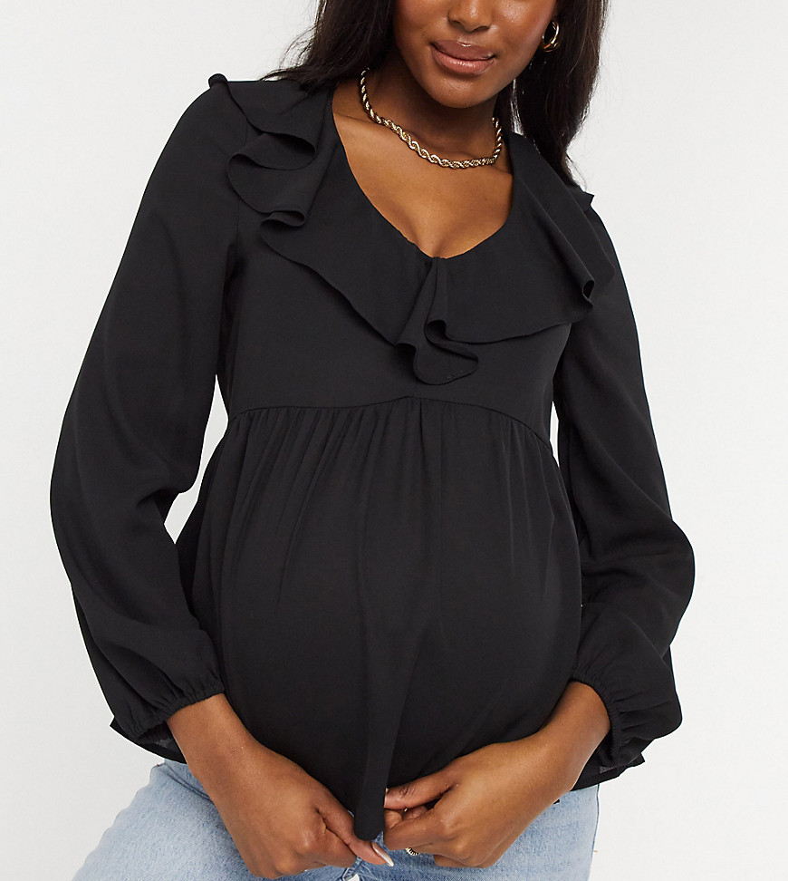Черная блузка с баской и оборкой на горловине New Look Maternity-Черный цвет