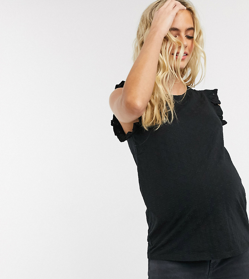 фото Черная футболка с вышивкой ришелье и оборками на рукавах new look maternity-черный
