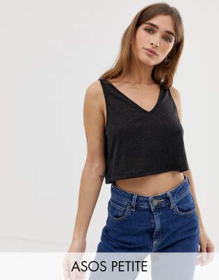 фото Черная короткая майка с добавлением льна asos design petite-черный asos petite