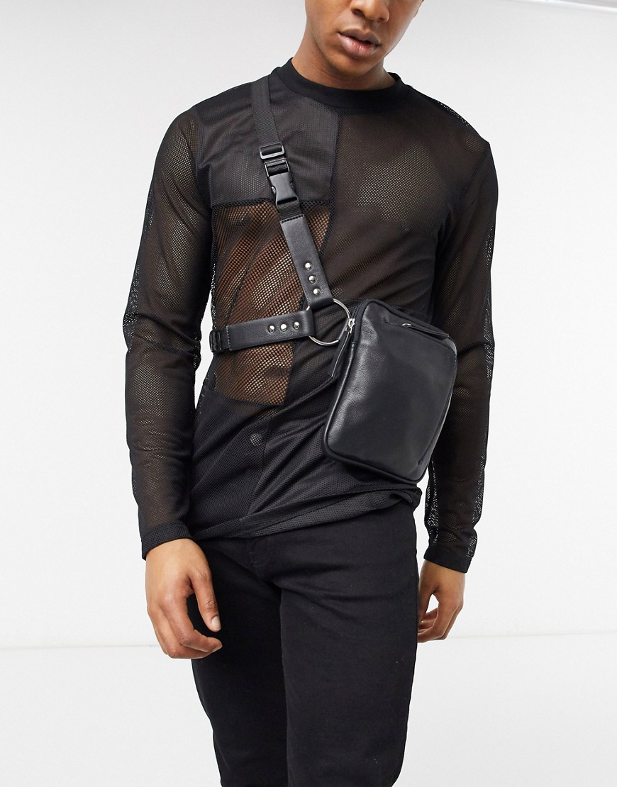 фото Черная кожаная сумка в стиле сбруи‑бандажа asos edition-черный