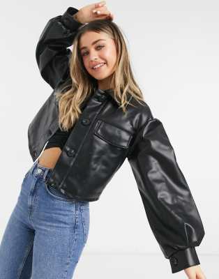 Кожаные куртки Черная куртка из искусственной кожи с объемными рукавами ASOS DESIGN-Черный цвет