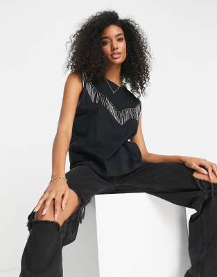Майки без рукавов  Asos Черная майка с бахромой со стразами AllSaints Coni-Черный цвет