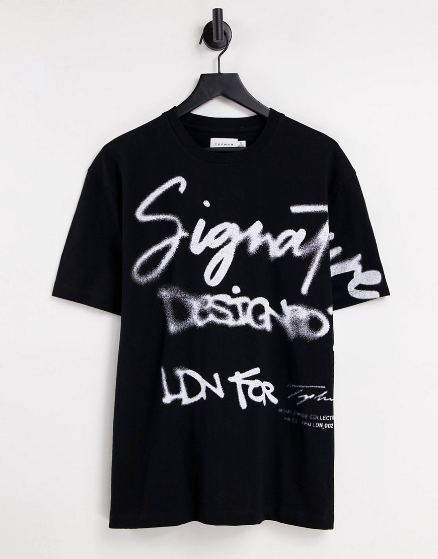 фото Черная oversized-футболка с дизайном в виде надписи аэрозольной краской topman-черный цвет
