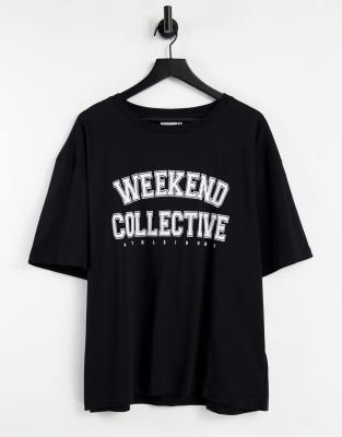 фото Черная oversized-футболка с принтом в университетском стиле asos weekend collective curve-черный цвет