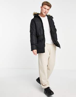  Черная парка с капюшоном с отделкой искусственным мехом Jack & Jones Essentials-Черный цвет