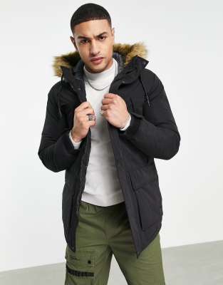   Asos Черная парка с подкладкой из искусственного меха на капюшоне Jack & Jones Originals-Черный цвет