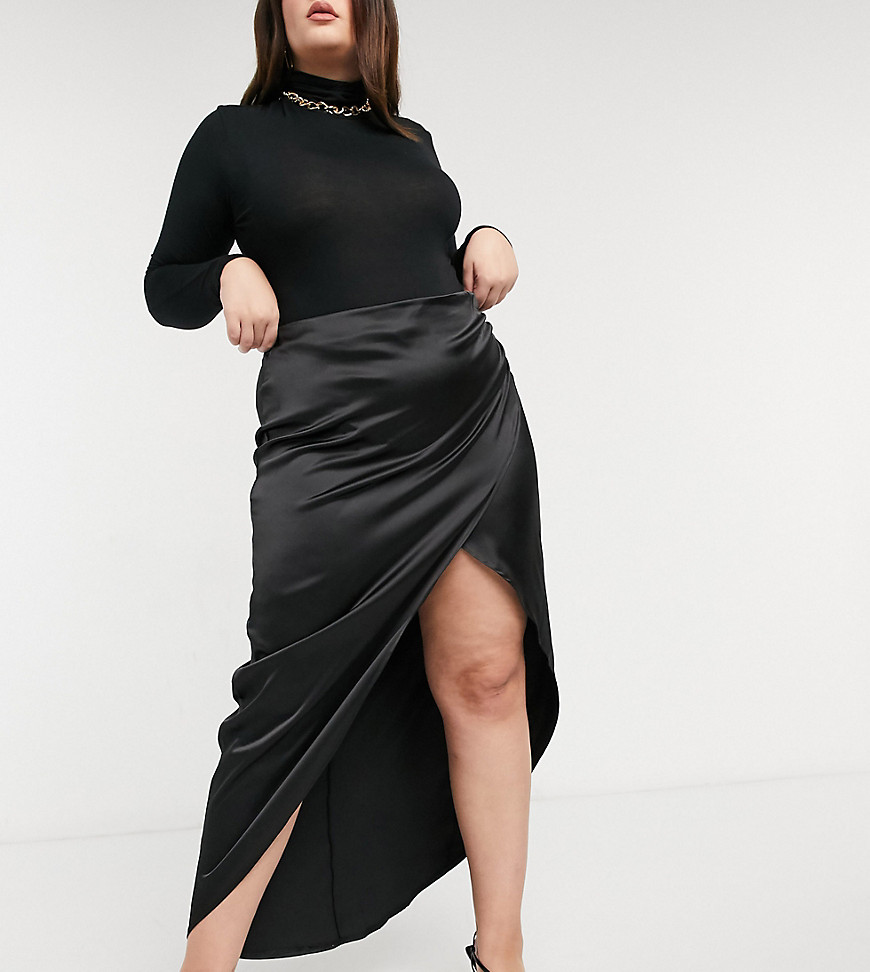Черная присборенная атласная юбка мидакси с разрезом до бедра Flounce London Plus-Черный цвет