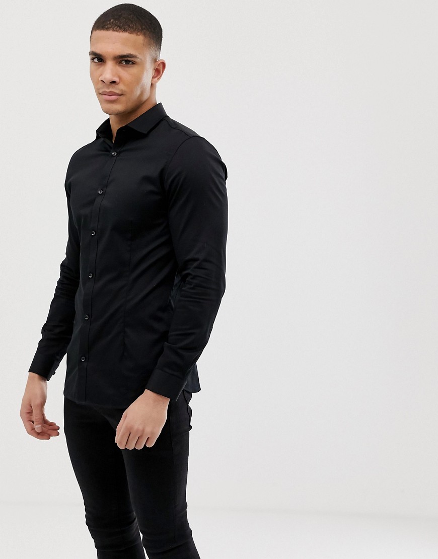 фото Черная приталенная эластичная рубашка в строгом стиле jack & jones premium-черный