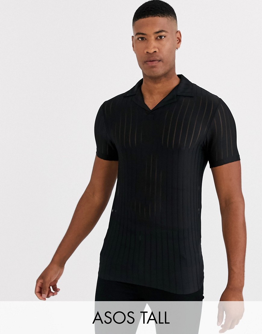 фото Черная приталенная футболка-поло с прозрачными полосками asos design tall-черный