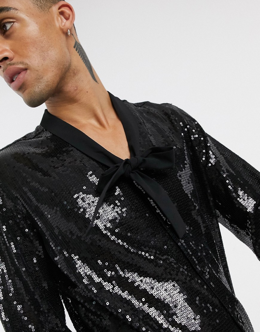 фото Черная рубашка классического кроя с пайетками и завязкой asos design-черный