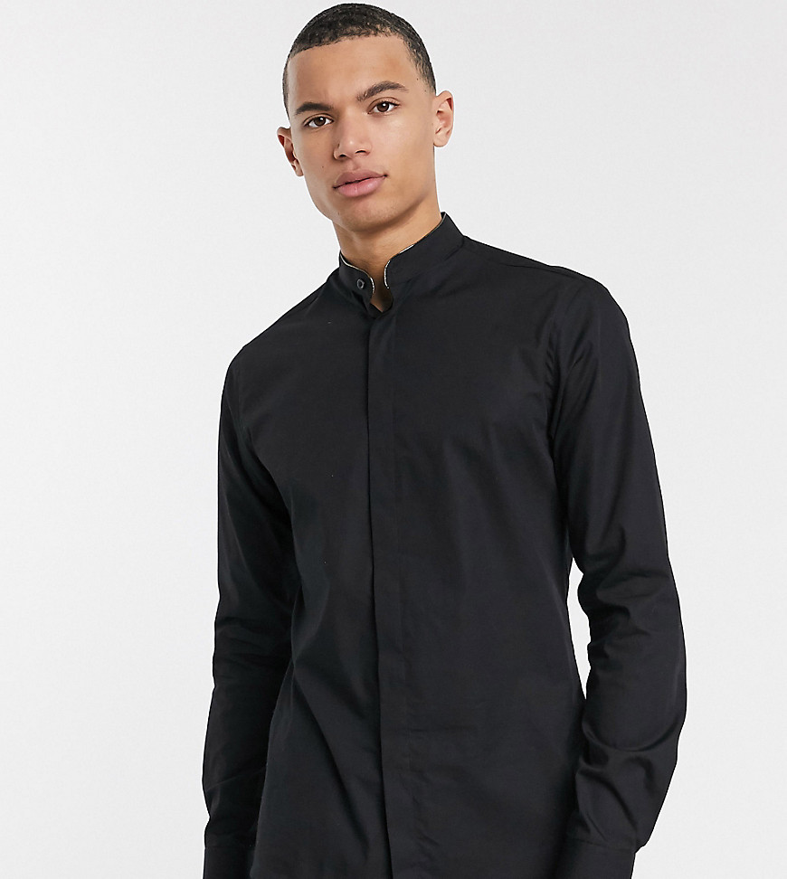 фото Черная рубашка с воротником на пуговицах и кантом металлик twisted tailor tall-черный