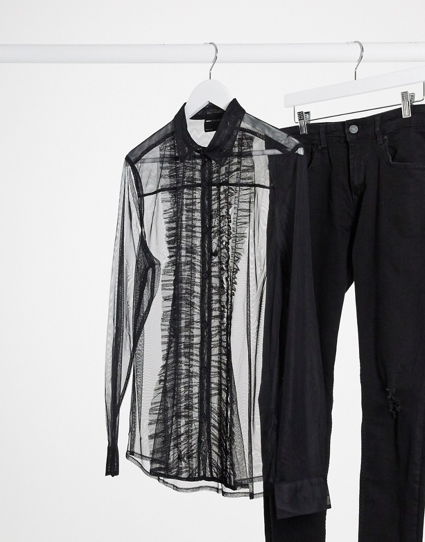 фото Черная сетчатая рубашка классического кроя с оборкой asos design-черный