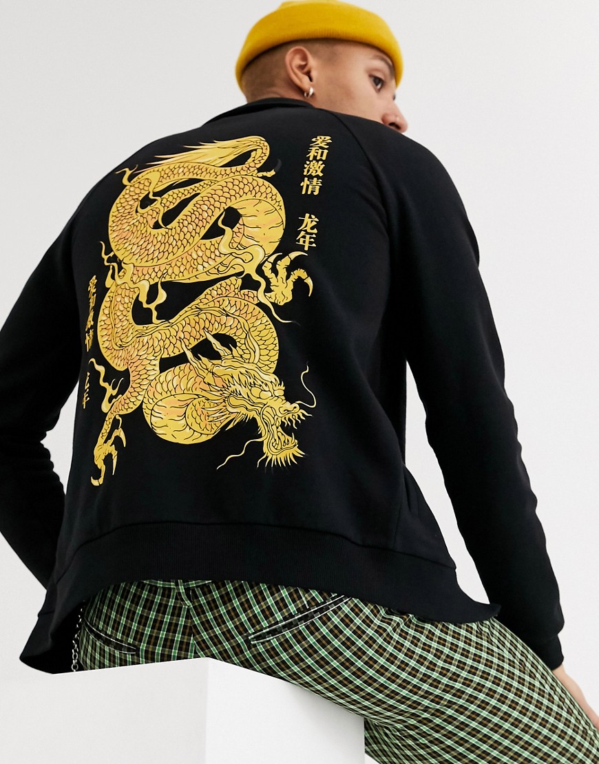 фото Черная трикотажная куртка харрингтон с принтом драконов asos design-черный
