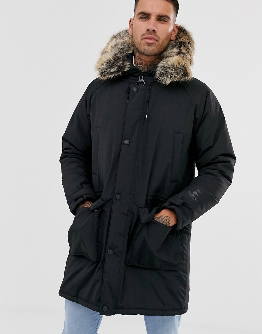 фото Черная удлиненная куртка с искусственным мехом на капюшоне barbour-черный