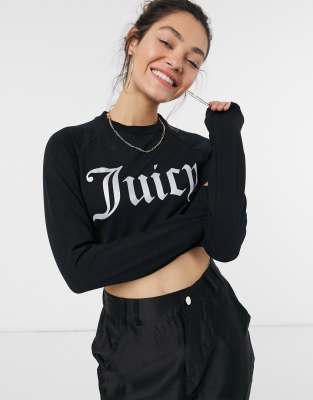 фото Черная укороченная футболка с длинным рукавом и логотипом juicy couture-черный