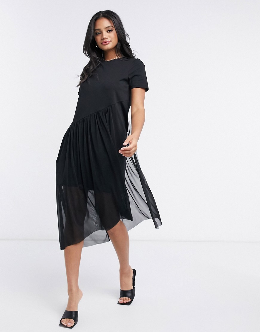 фото Черное асимметричное платье-футболка мини river island-черный