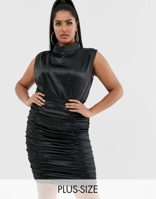 фото Черное атласное платье мини с присборенной отделкой katchme plus-черный katch me plus