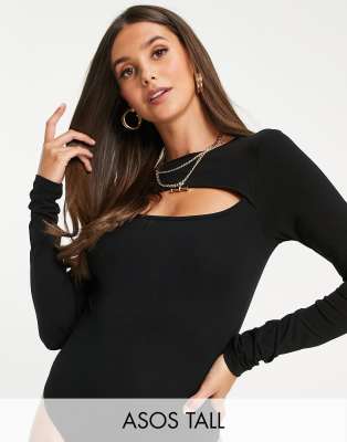 Черное боди с длинными рукавами и вырезом ASOS DESIGN Tall-Черный цвет