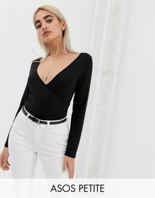 фото Черное боди с глубоким вырезом и запахом asos design petite-черный asos petite