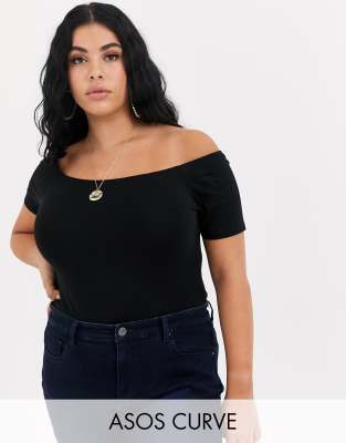 фото Черное боди с открытыми плечами и короткими рукавами asos design curve-черный asos curve