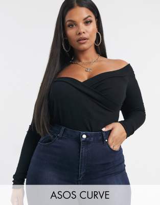 фото Черное боди с открытыми плечами и запахом asos design curve-черный asos curve