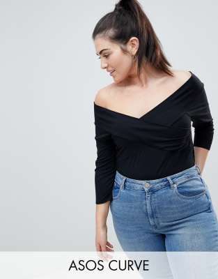 фото Черное боди с запахом asos design curve-черный asos curve