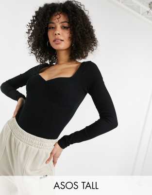  Черное боди в рубчик со швами на лифе и длинными рукавами ASOS DESIGN Tall-Черный
