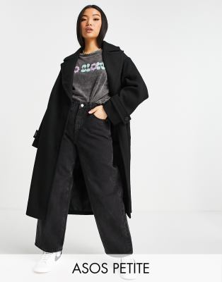 фото Черное длинное пальто макси в стиле oversized из твила asos design petite-черный цвет asos petite