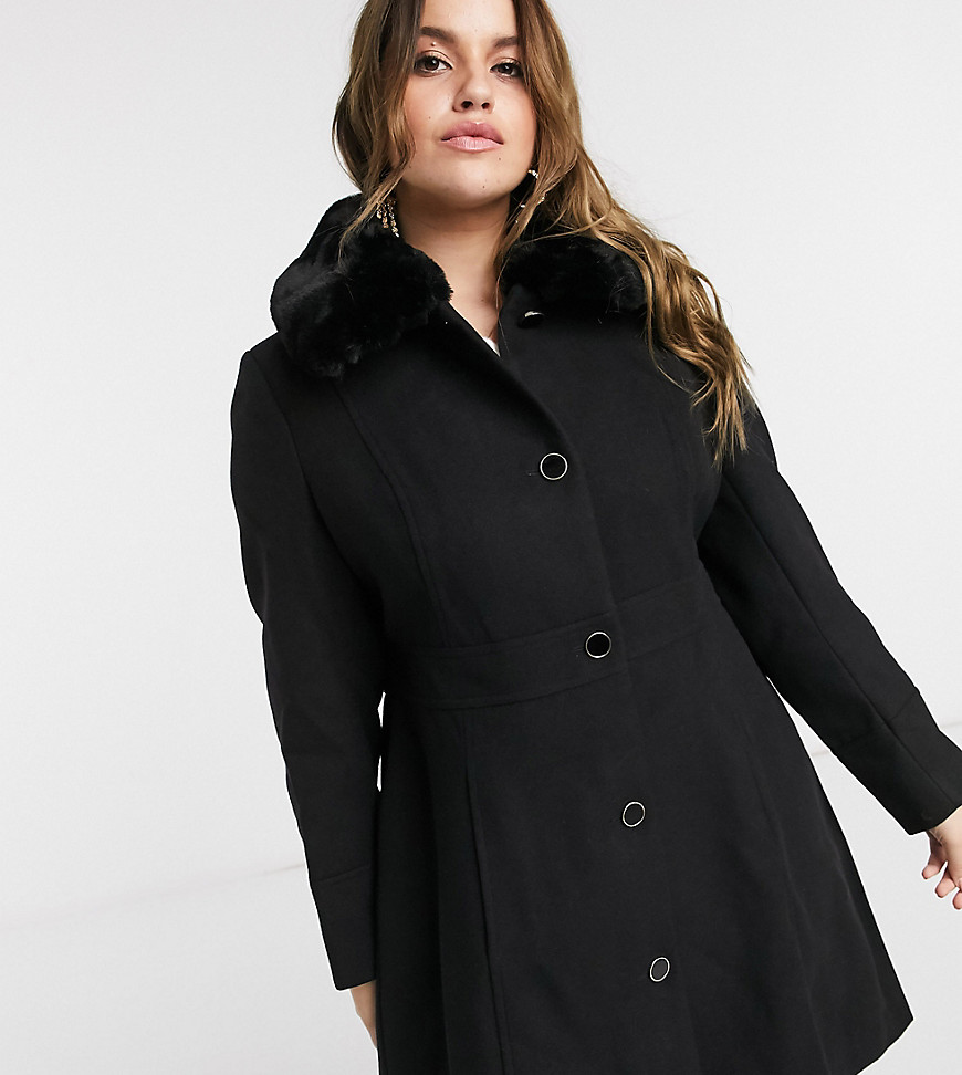 фото Черное длинное пальто с воротником из искусственного меха forever new curve-черный