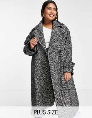 фото Черное двубортное oversized-пальто макси в «елочку» river island plus-черный цвет