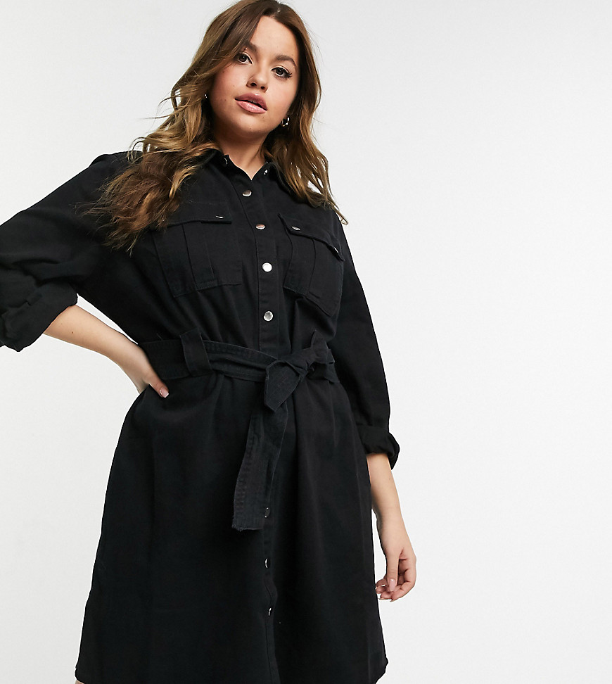 Черное джинсовое платье-рубашка с поясом New Look Curve-Черный