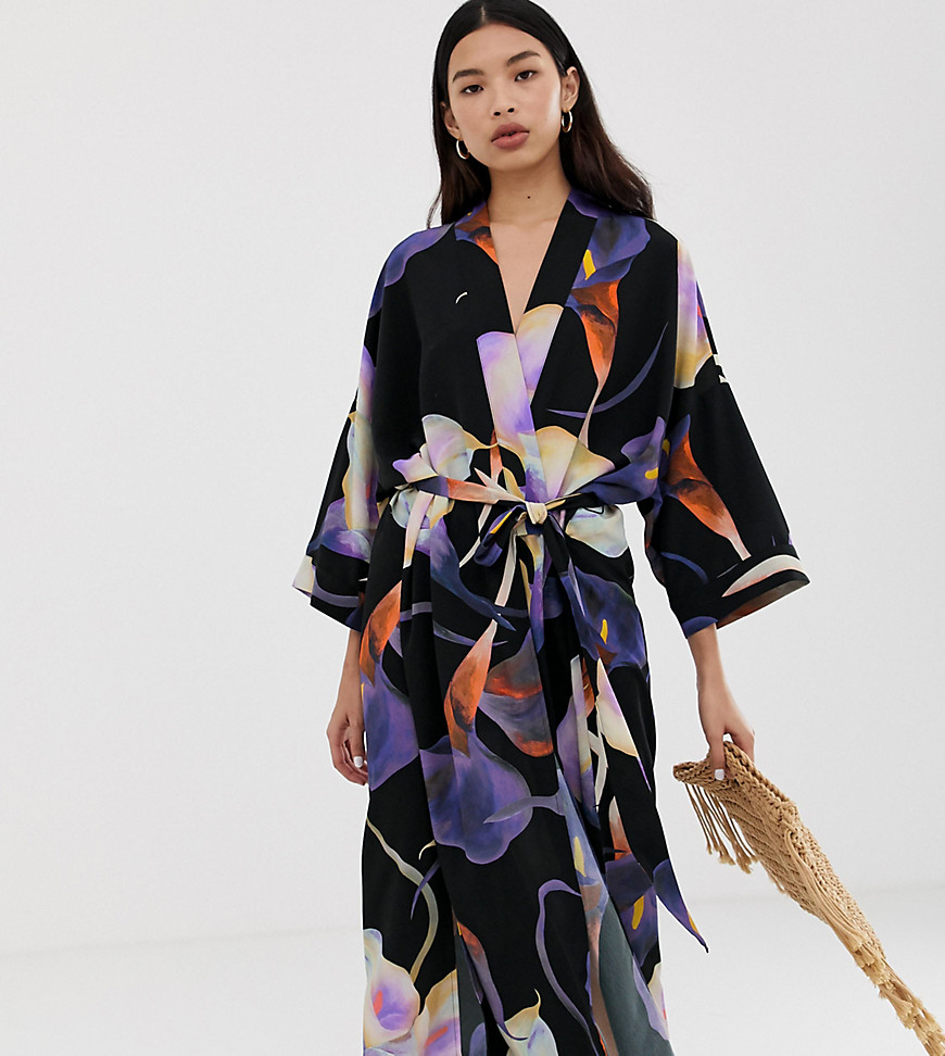 фото Черное кимоно с цветочным принтом weekday-мульти