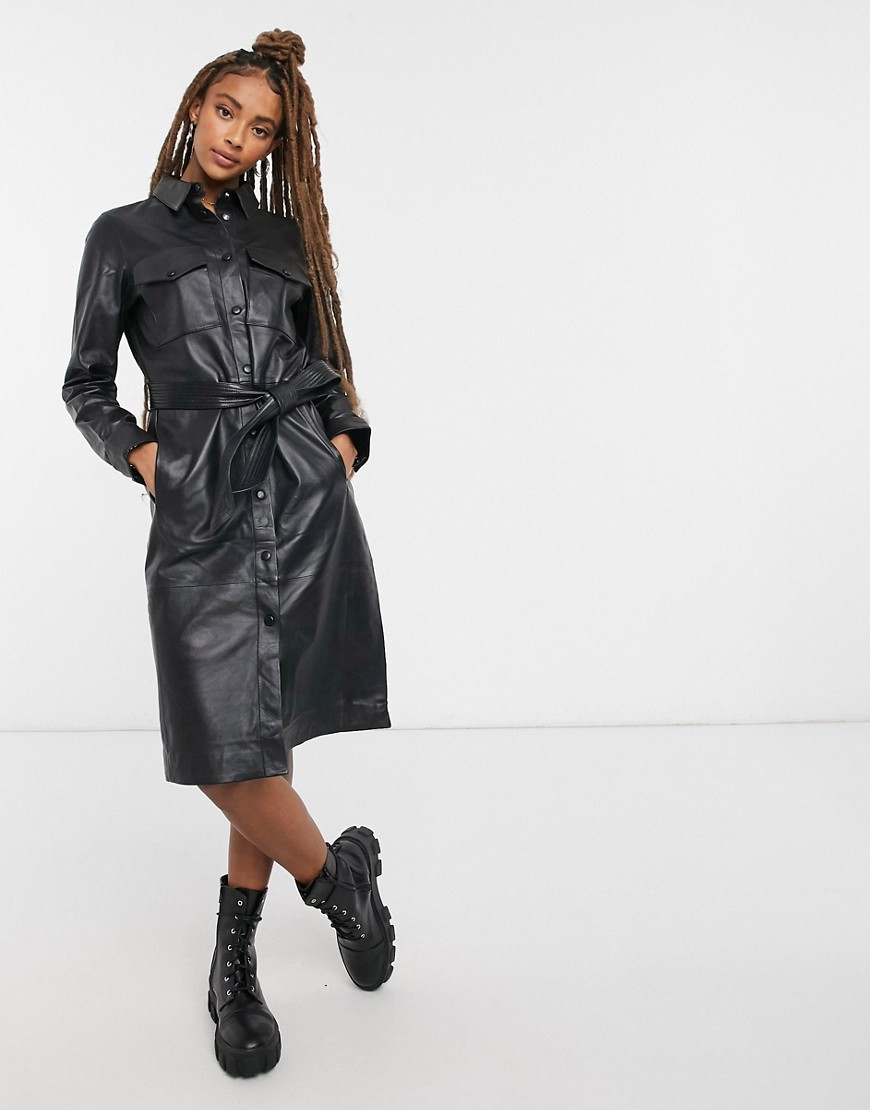 фото Черное кожаное платье миди с поясом lab-черный lab leather